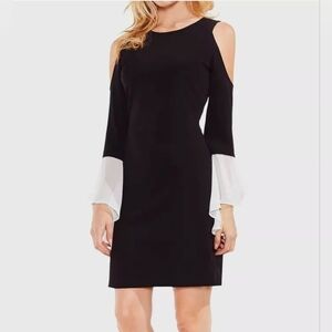 ⭐️Vince Camuto Black White Bell Sleeve Cold Shoulder Cocktail Dress  …